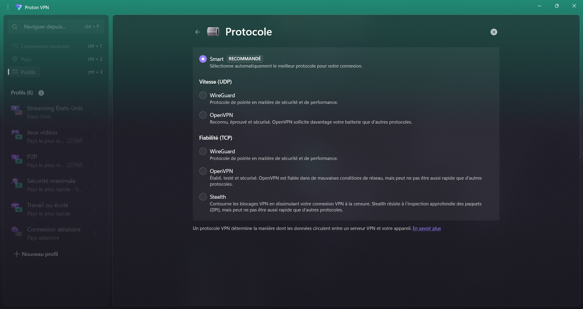 Proton VPN - The choice of protocols. © Clubic