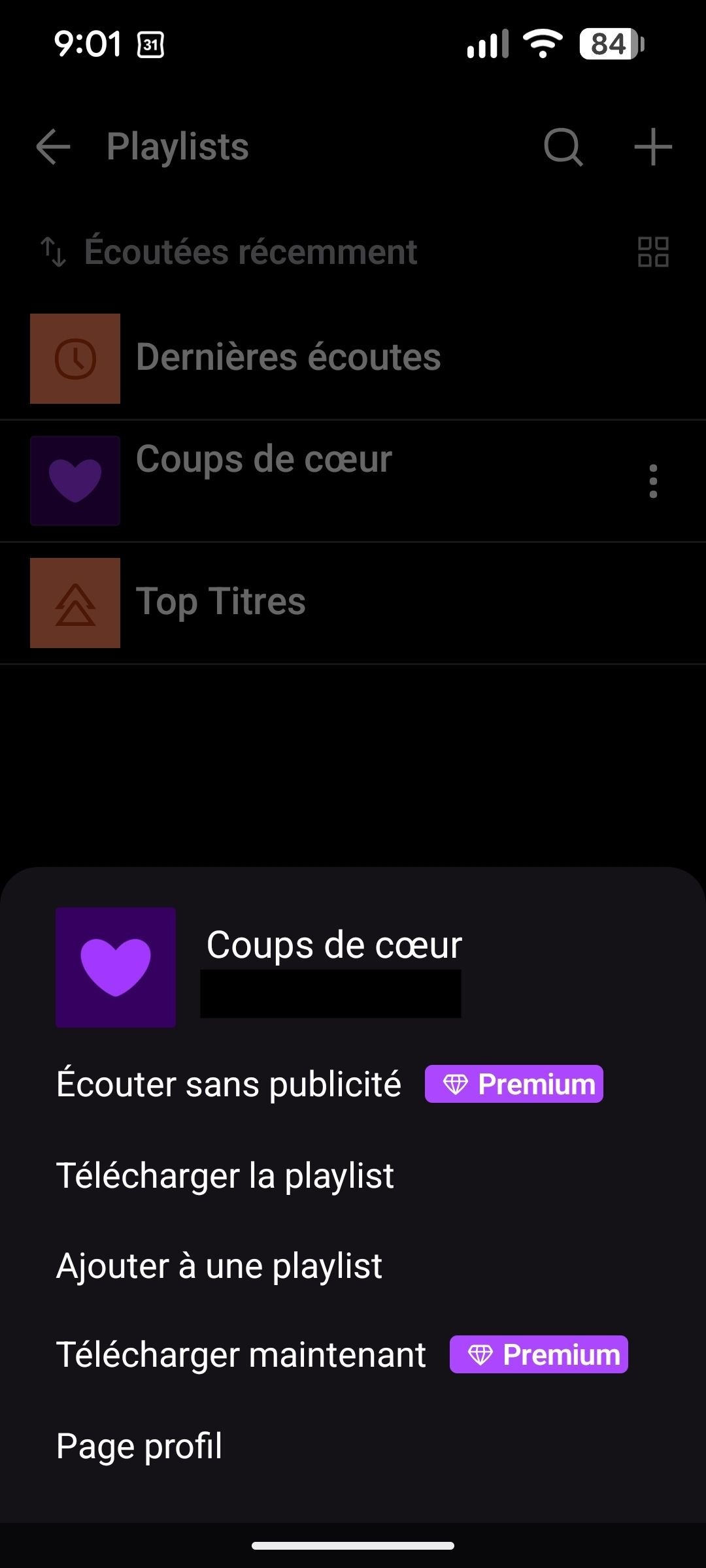 Deezer - Ses playlists dans l'onglet Favoris