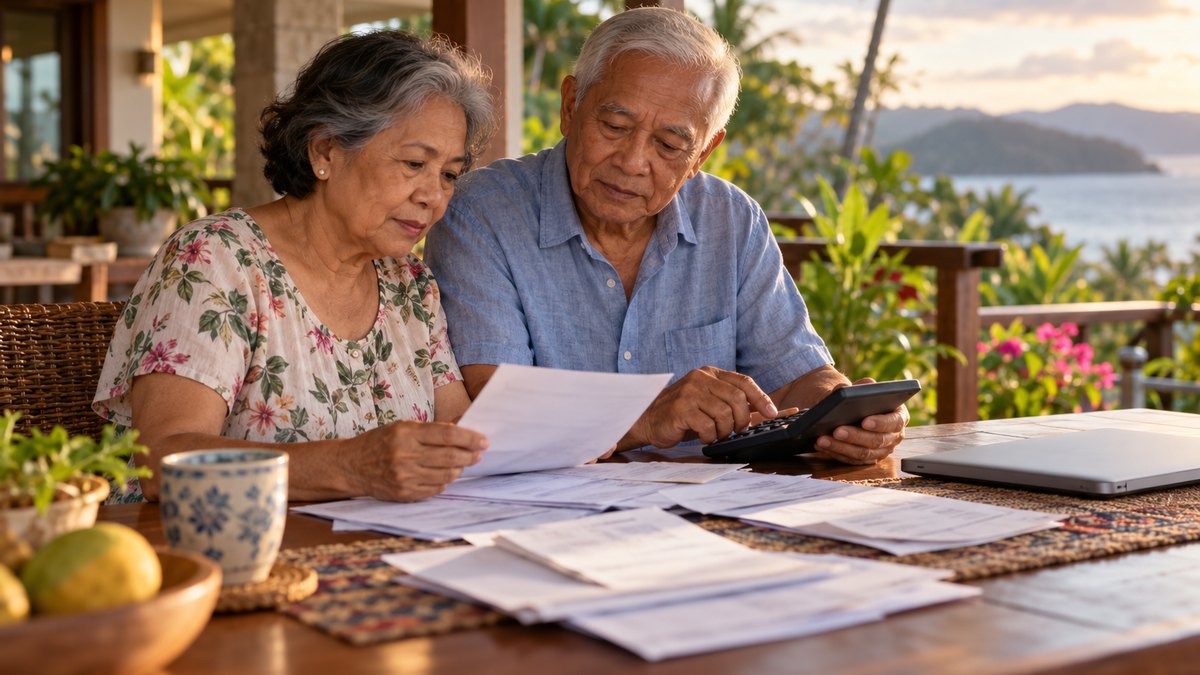 Retired couple reviewing their monthly budget and benefit papers on a veranda